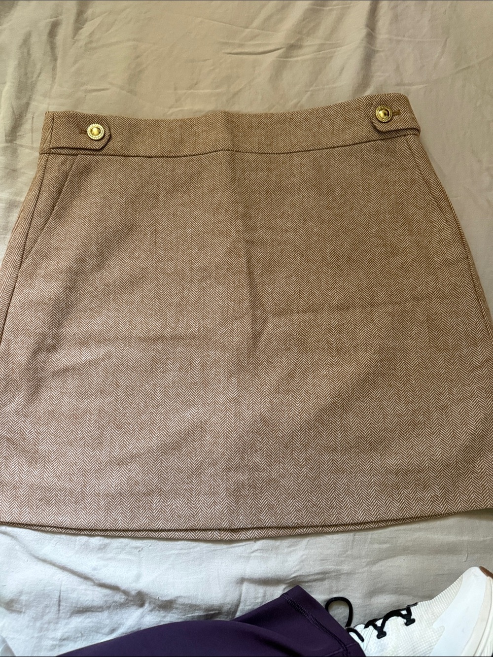 J. Crew Tan Herringbone Mini Skirt with Gold Buttons